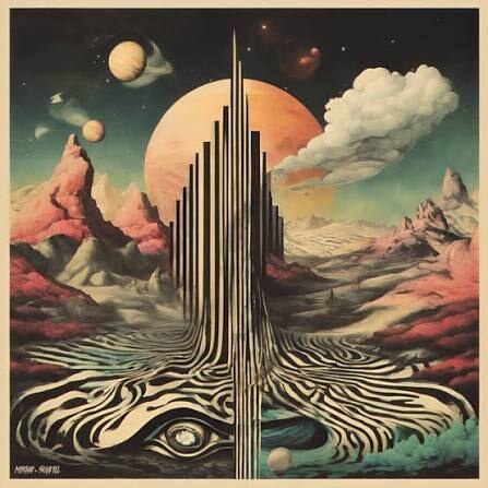 Mirage album cover — a surreal building bathed in a yellow-framed sky with a sun and cloud.
