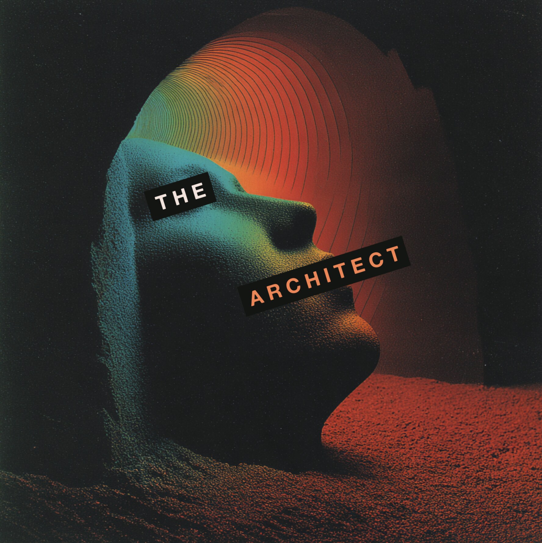The Architect single cover — a woman's face in teal and orange tones with the title stamped across it.